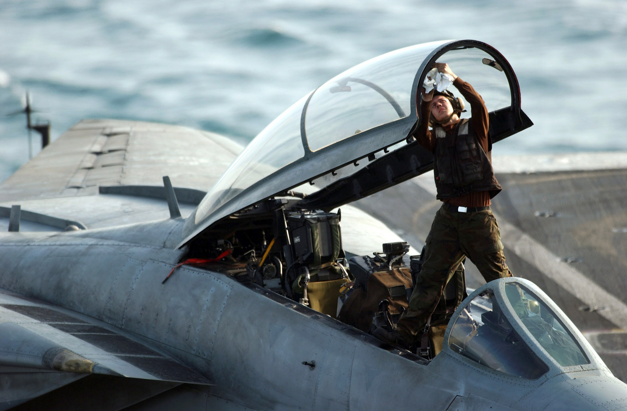 US Navy 060202 N 7241 L 001 A plane captain cleans the canopy of an F 14 D Tomcat prior to flight operations aboard the Nimitz class aircraft carrier USS Theodore Roosevelt CVN 71